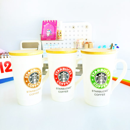 ماگ سرامیکی با درب چوبی طرح STARBUCKS