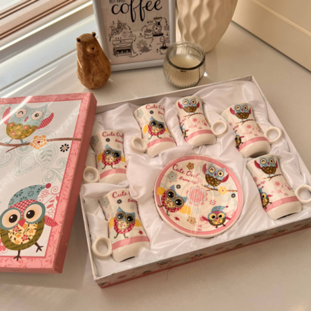 ست 6 عددی استکان نعلبکی سرامیکی طرح جغد