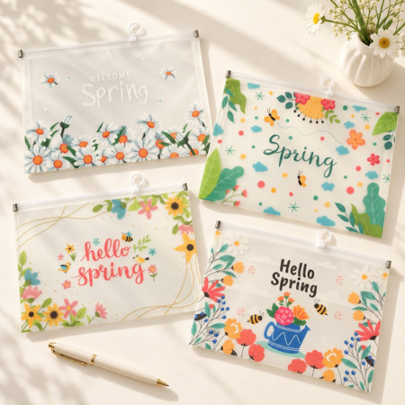کاور A4 شفاف پاکتی زیپ دار طرح hello spring